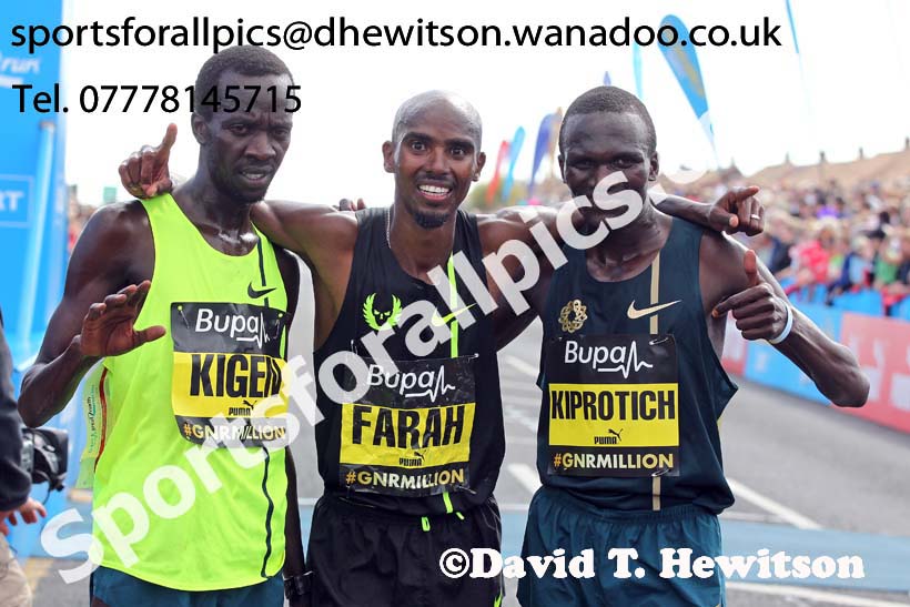 From left to right: 2nd Mike Kigen, winner Mo Farah and 3rd Stephen Kiprotich in the mens 2014 BUPA Great North Run. Photo: David T. Hewitson/Sports for All Pics